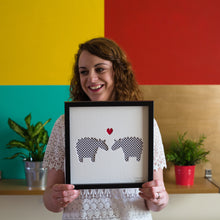 Load image into Gallery viewer, Sheep artwork being held by smiling lady
