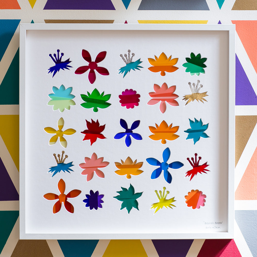 Artwork showing 25 colourful flowers